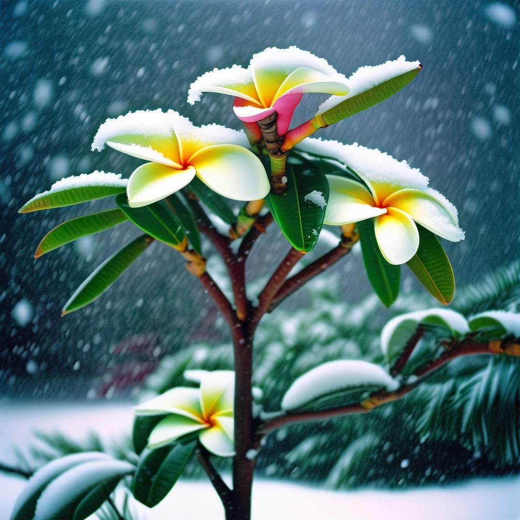 Resilient Plumeria Survives Snowstorm: Photorealistic Image