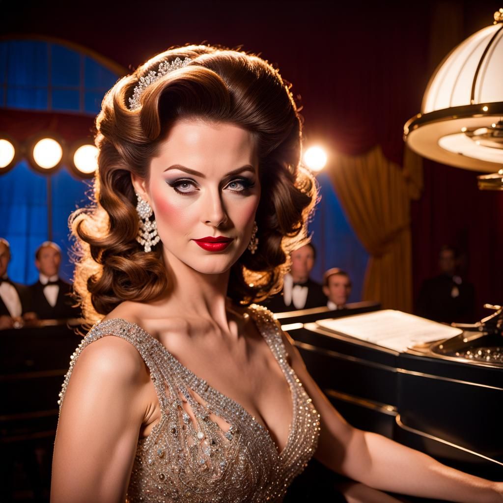 Glamorous Retro Portrait of Woman at Broadcast Desk