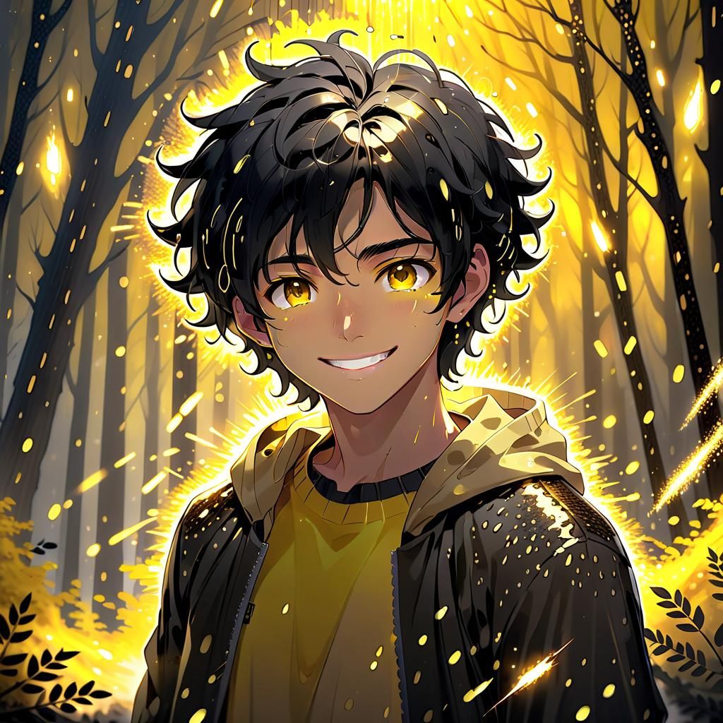 Smiling Teen in Glitter Rain, Ukiyo-E Style