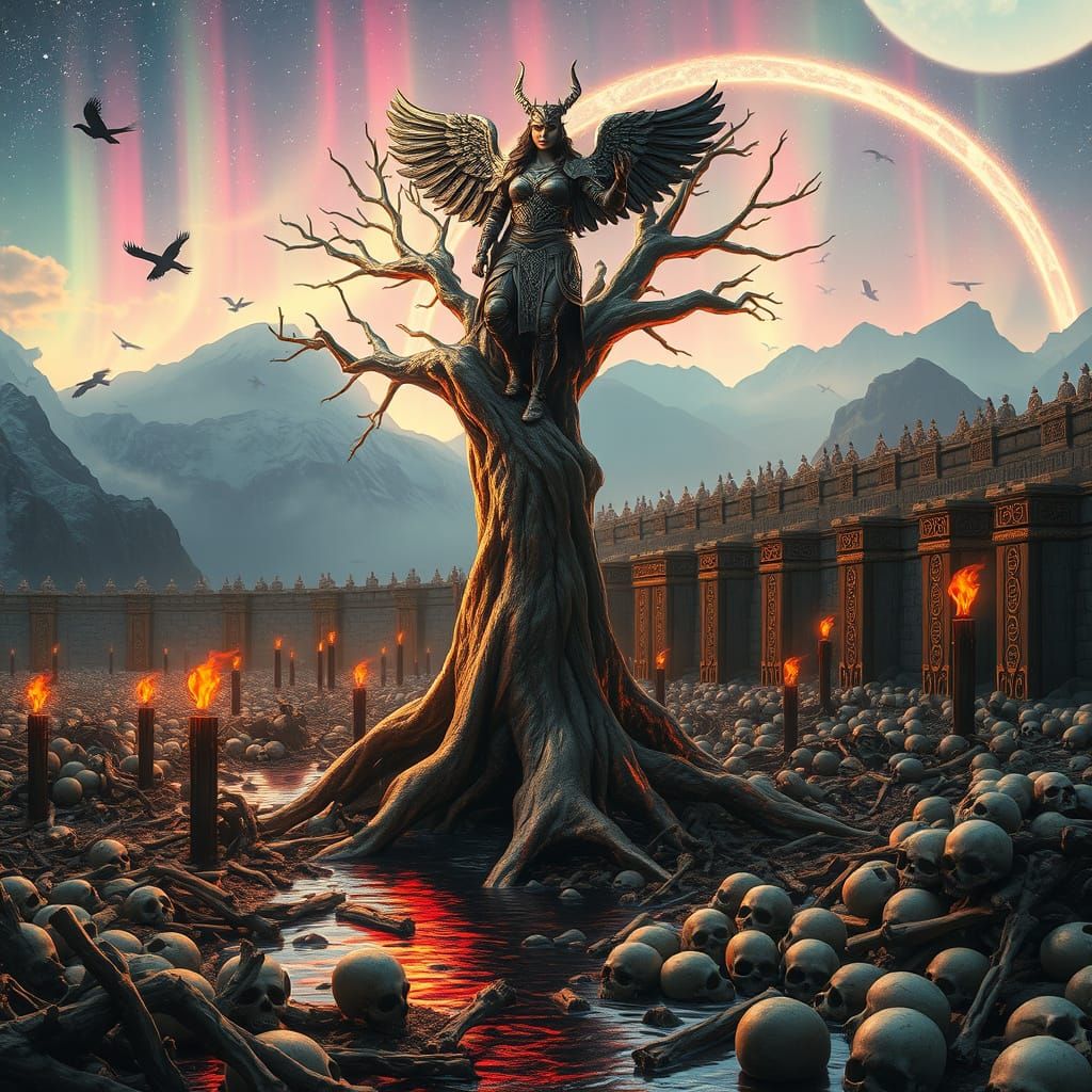Valkyrie Standing on Majestic Golden Tree in Norse Landscape