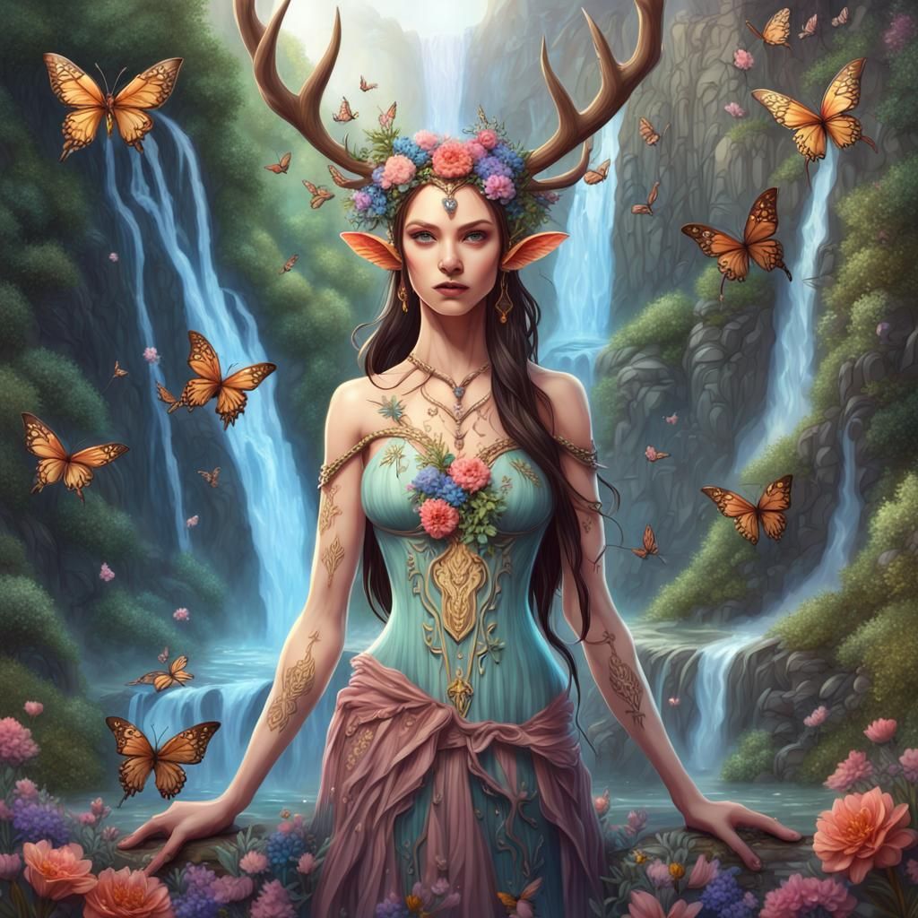 Elvish Princess with Antlers, Hyperdetailed 3D Art
