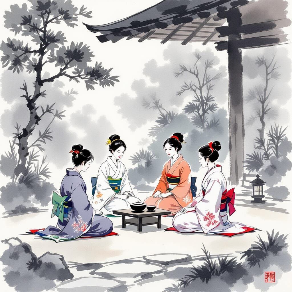 Serene Tea Ceremony in Sumi-e Style