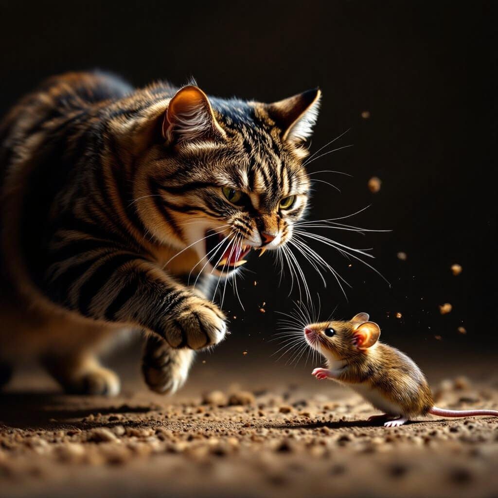 Fierce Tabby Cat Lunging for Mouse in Dramatic Realism