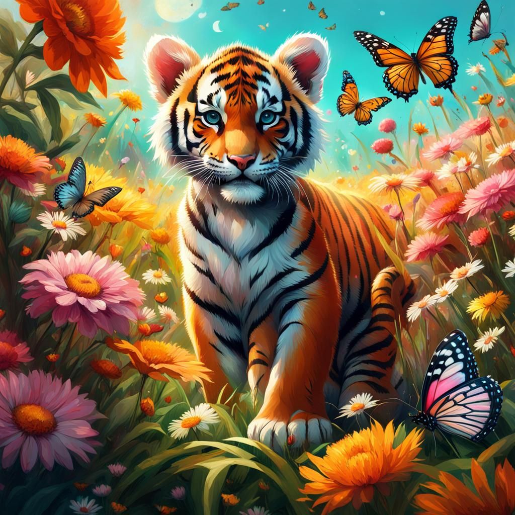 Cute Baby Tiger in Flower Field, Detailed Digital Art