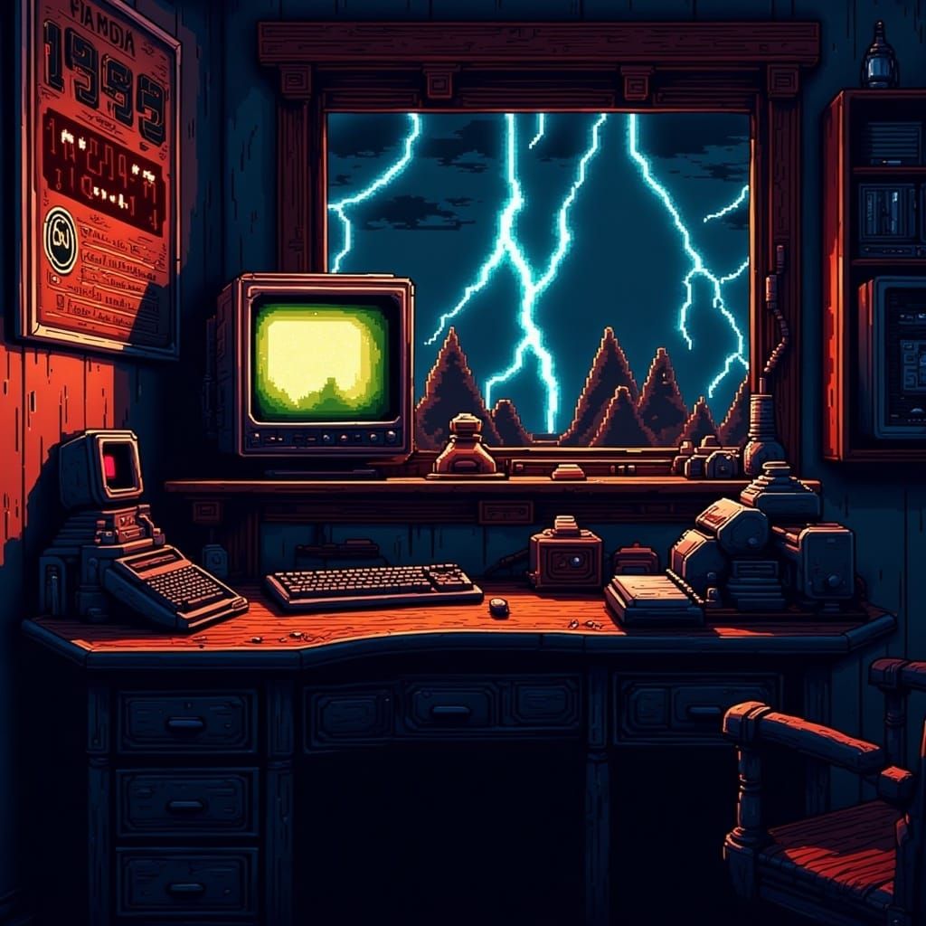 Cyberpunk Pixel Art Scene on a Stormy Night