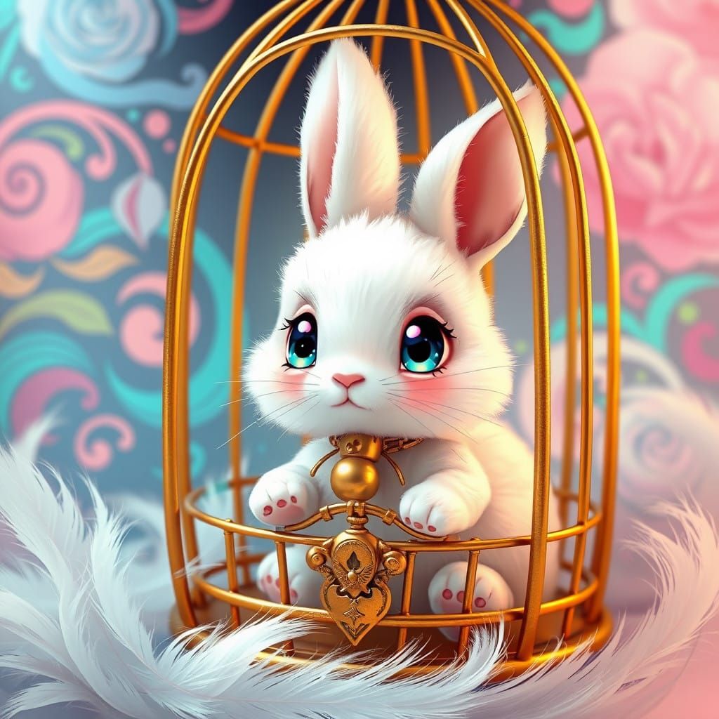 Whimsical Anime Bunny in an Ornate Cage