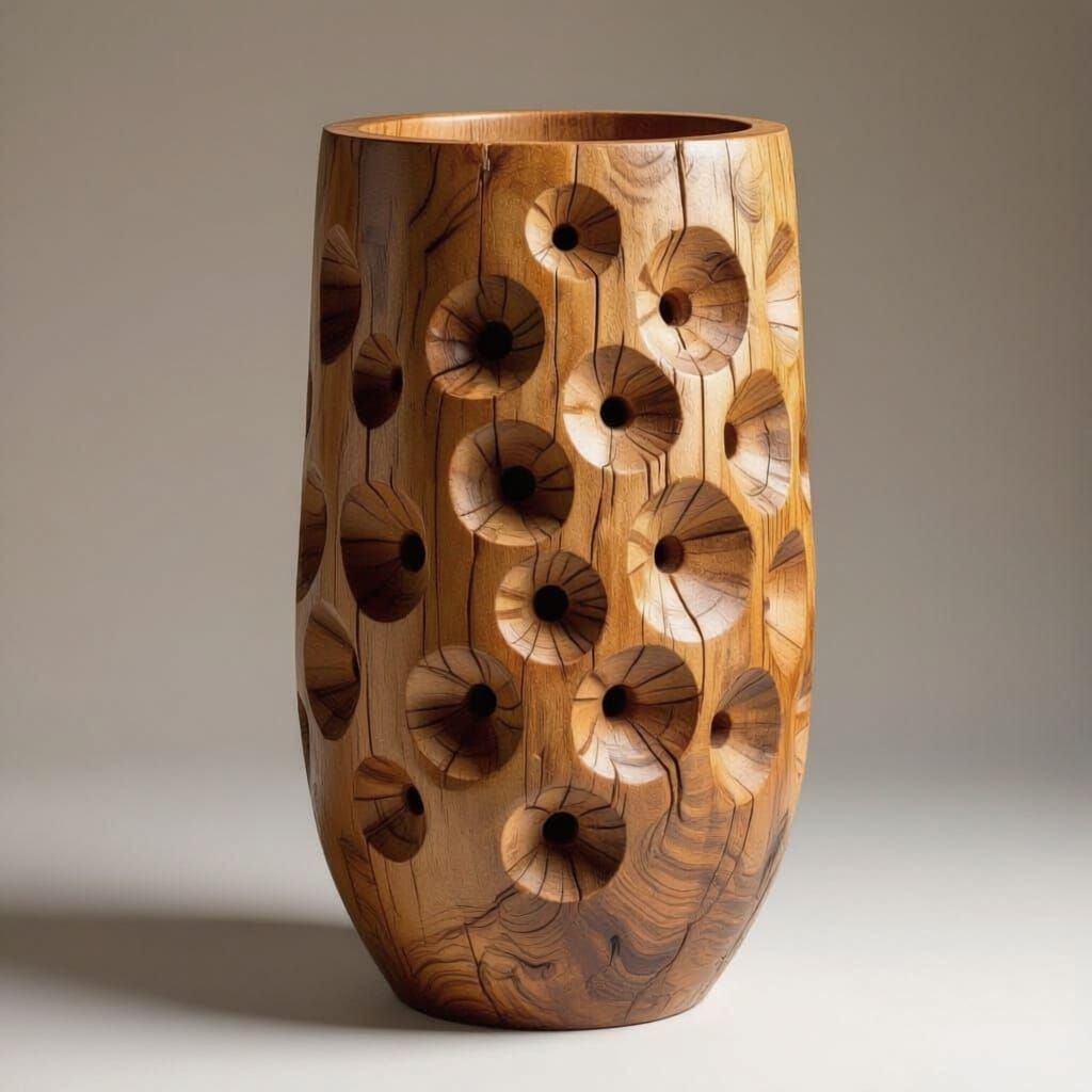 Textured Wood Vase with Piercings and Carved Details