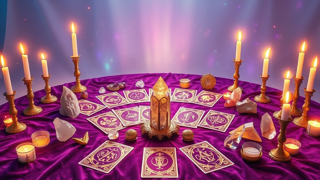 Oracle Card Spread with Crystals and Candles