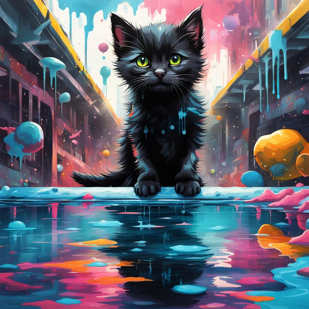 Kitten in Jersey in Futuristic Pool: Graffiti Art