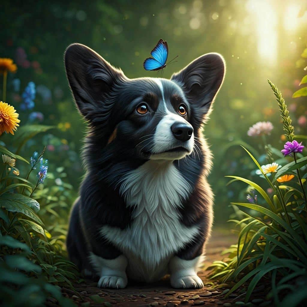 Corgi with Butterfly in Mystical Garden