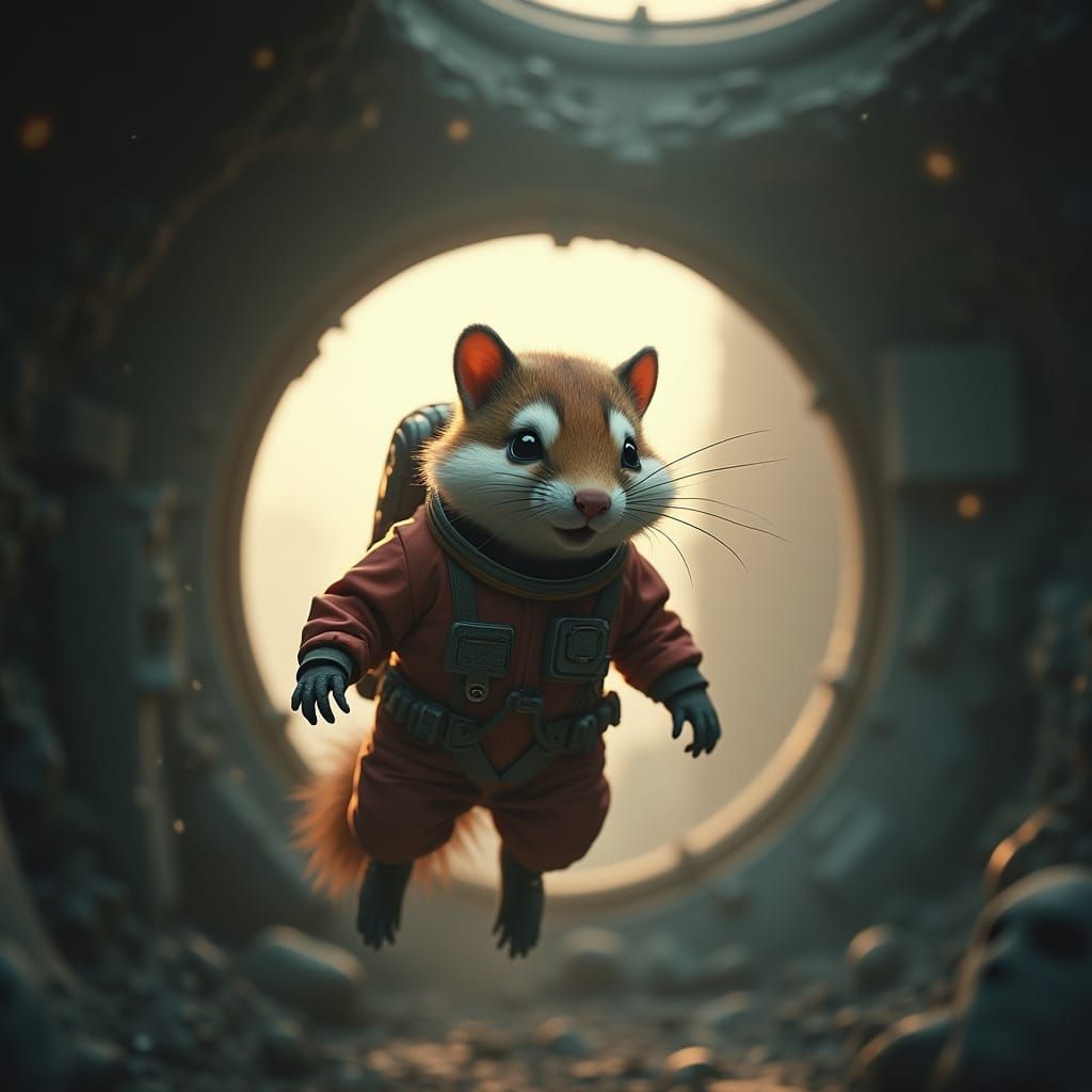 Astronaut Skunk in Derelict Spaceship, Cinematic Concept Art