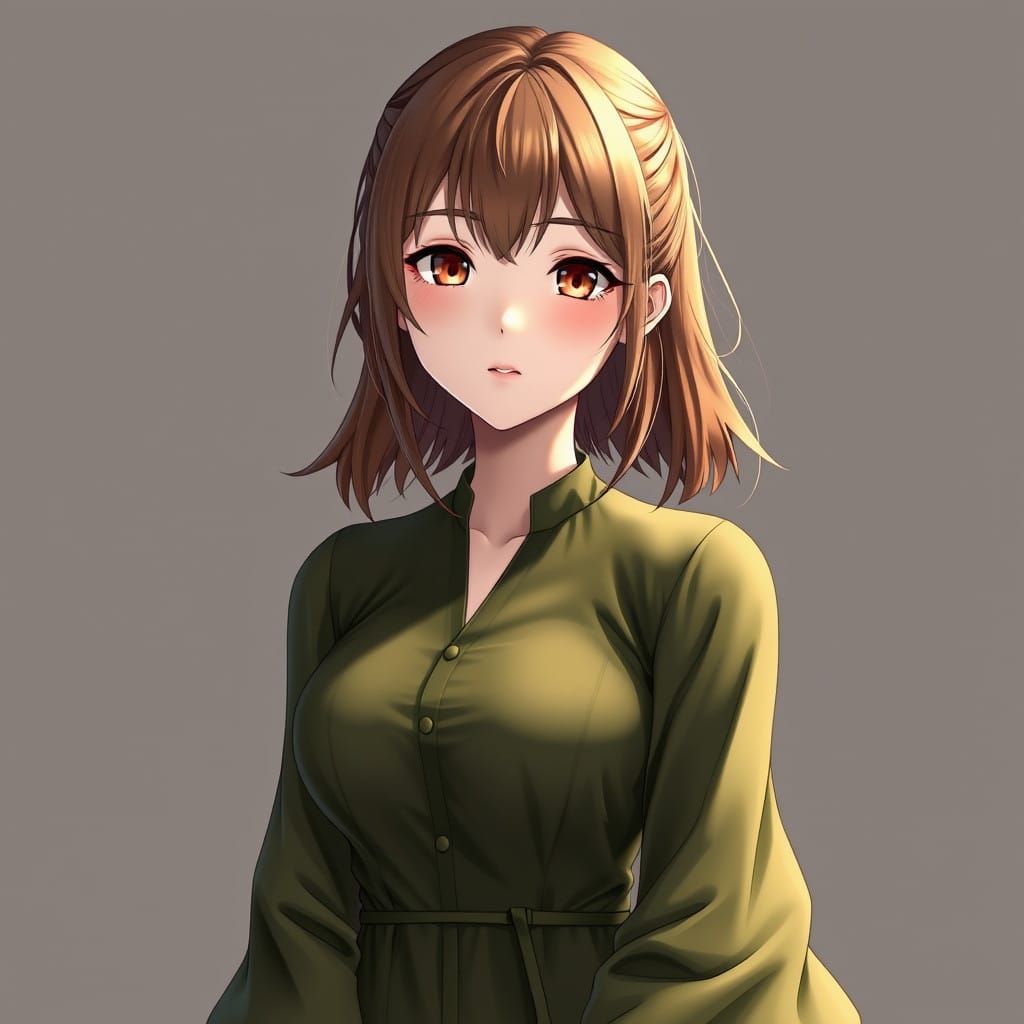 Ethereal Anime Beauty in Olive Green Dress