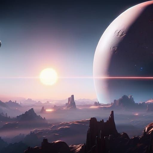 Sci-Fi Landscape with Massive Planet in Sky