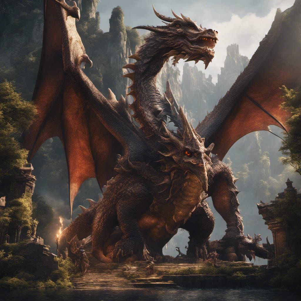 Detailed Dragons in a Fantastical Landscape