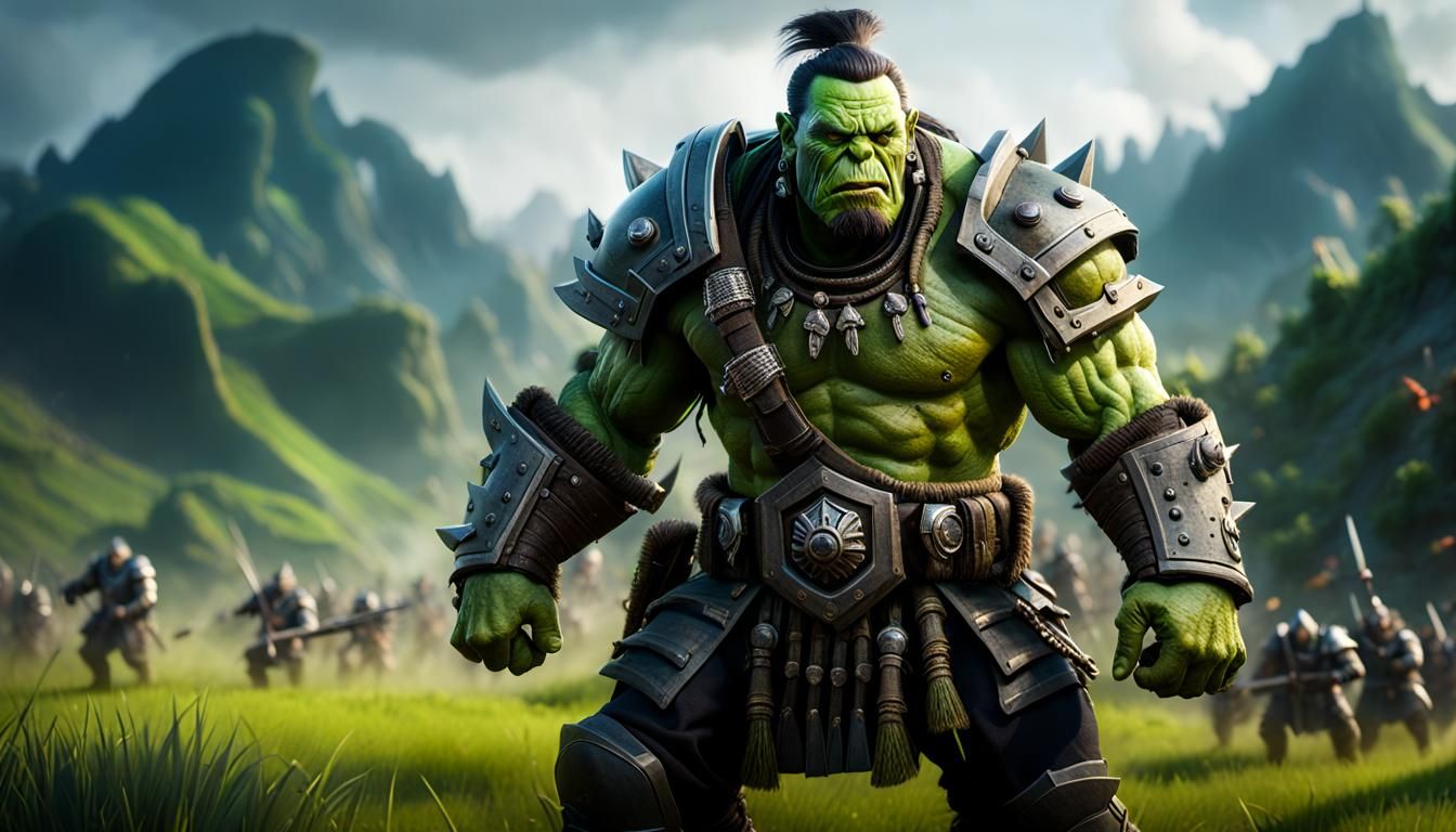 Green Orc Warrior on Battlefield in Hyperrealism