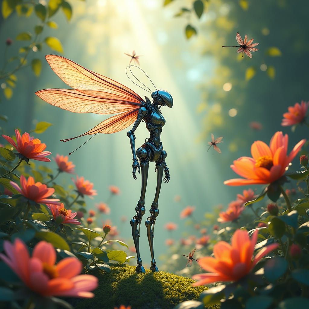 Surreal Robot Goddess in Vibrant Garden