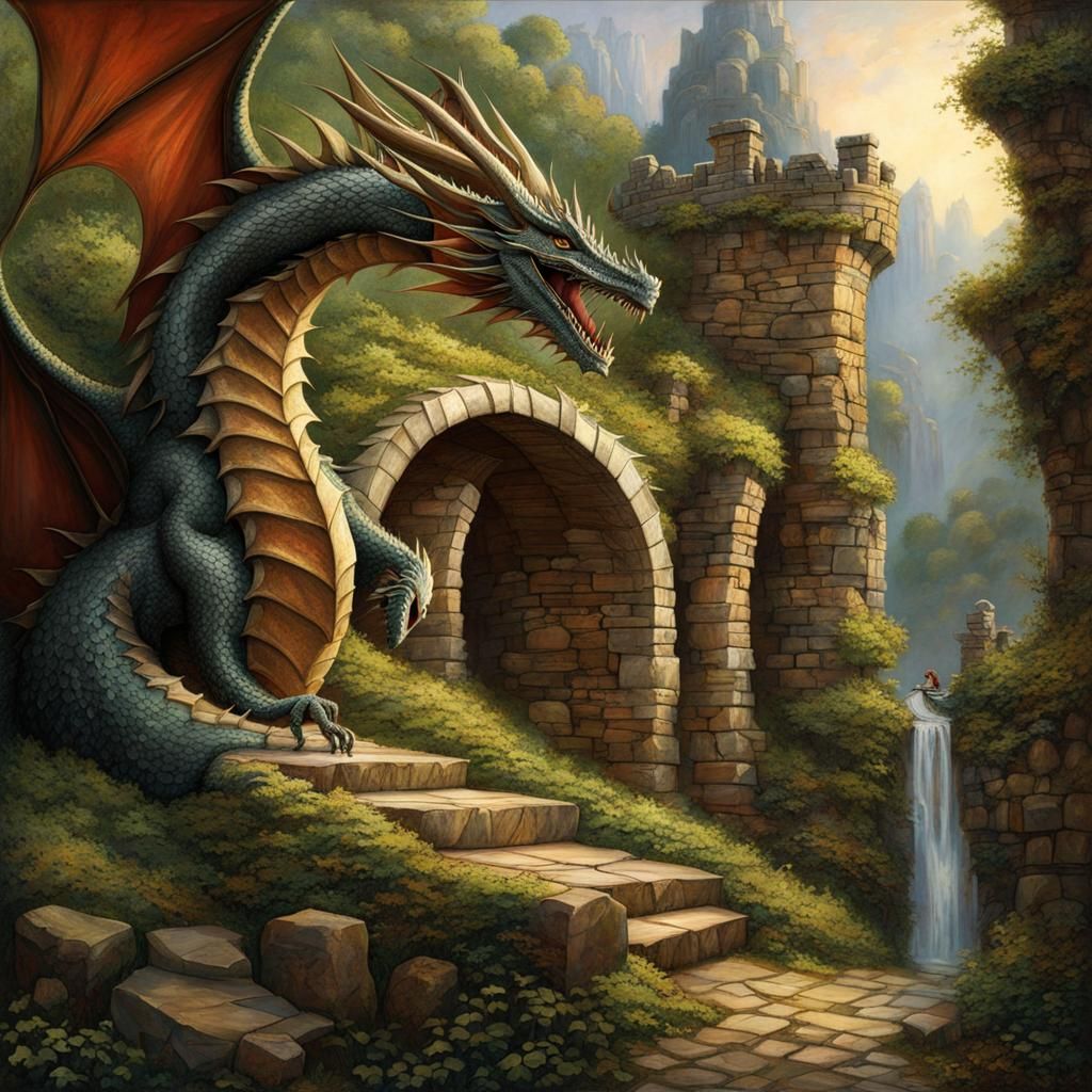 Fairytale Dragon Ruins Stone Castle in Pre-Raphaelite Style
