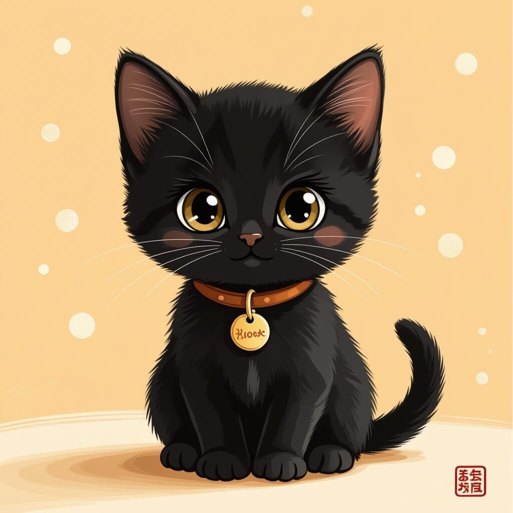 Sweet Black Kitten in Kawaii Japanese Art Style