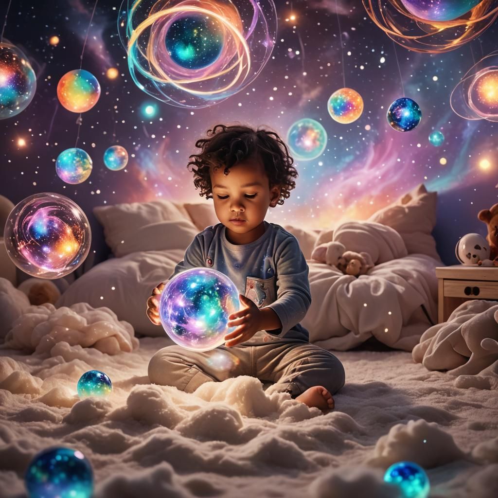 Cosmic Nursery: Toddler's Futuristic Toy, in Cosmic Surreali...