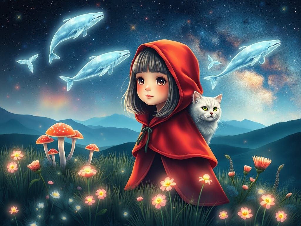 Girl in Crimson Velvet Cape Surrounded by Whales and Magic a...