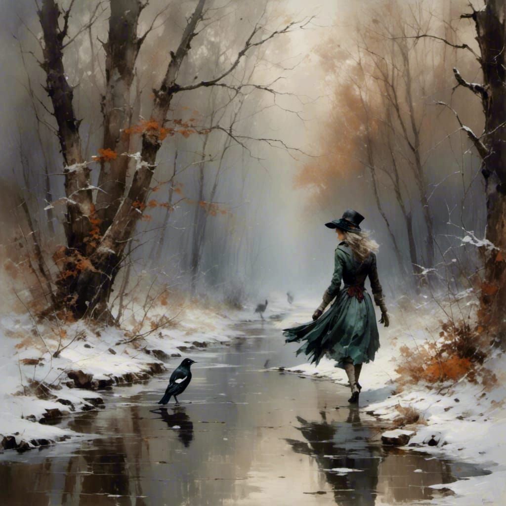 Woman and Magpie in Winter Wood