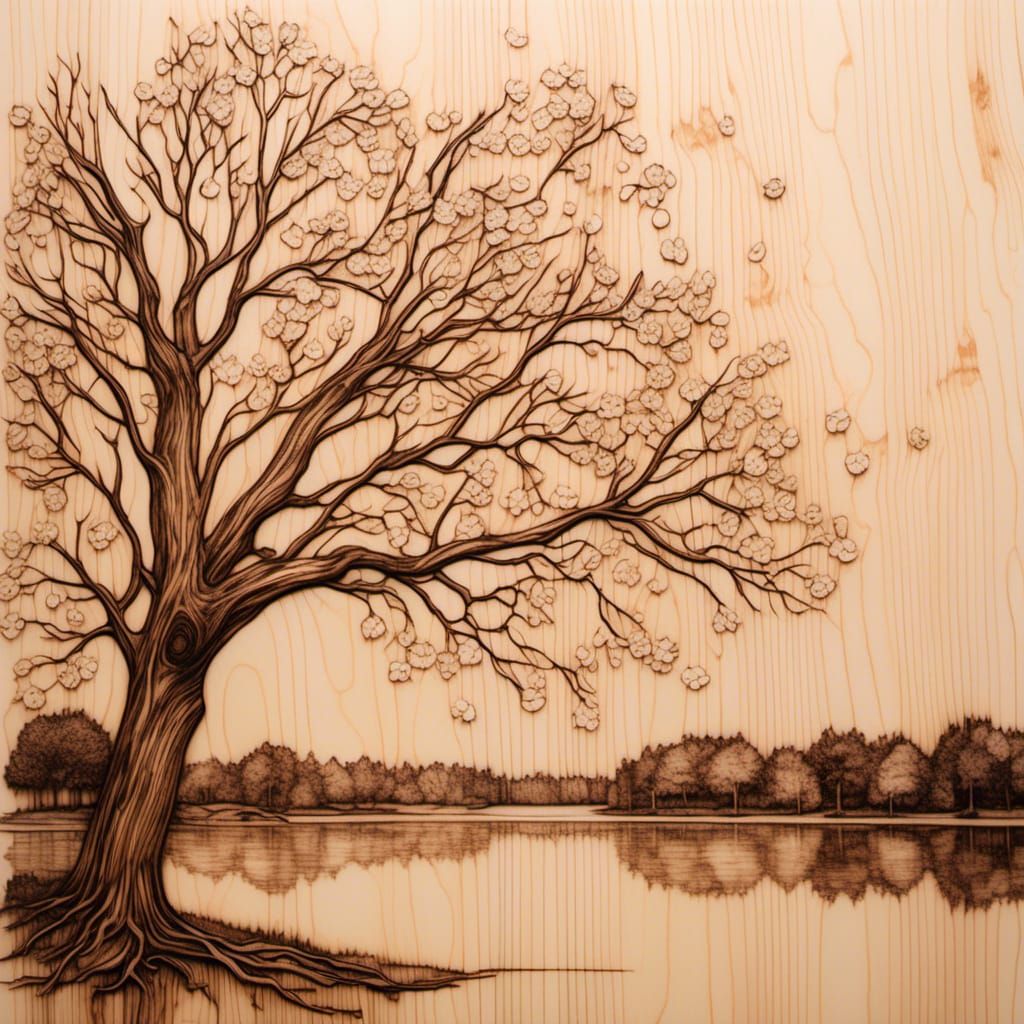 Detailed Pyrography Art of Apple Tree and Blossom