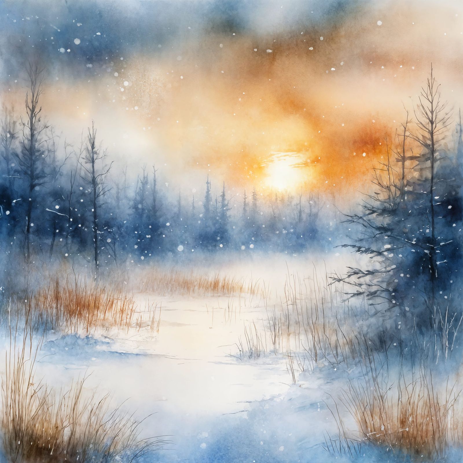 Boreal Blizzard Sunset in Watercolour