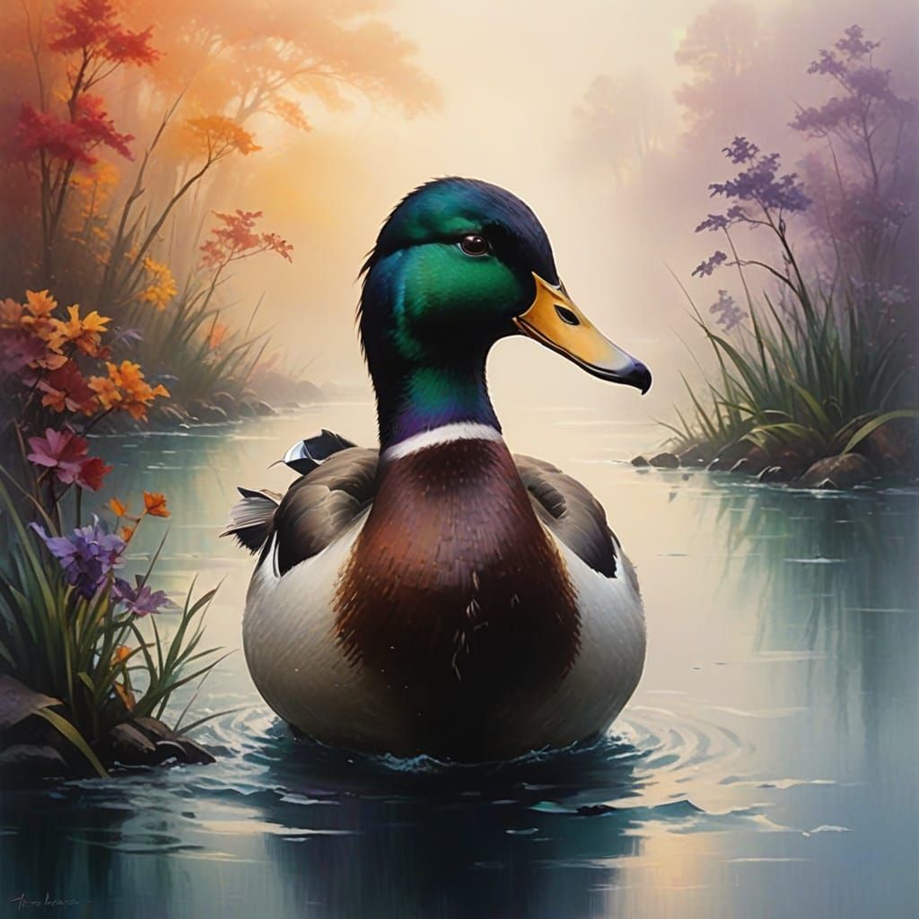Mallard Duck in Vibrant Misty Landscape