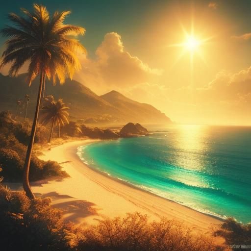 Ultra-Realistic Golden Beach and Turquoise Ocean Landscape