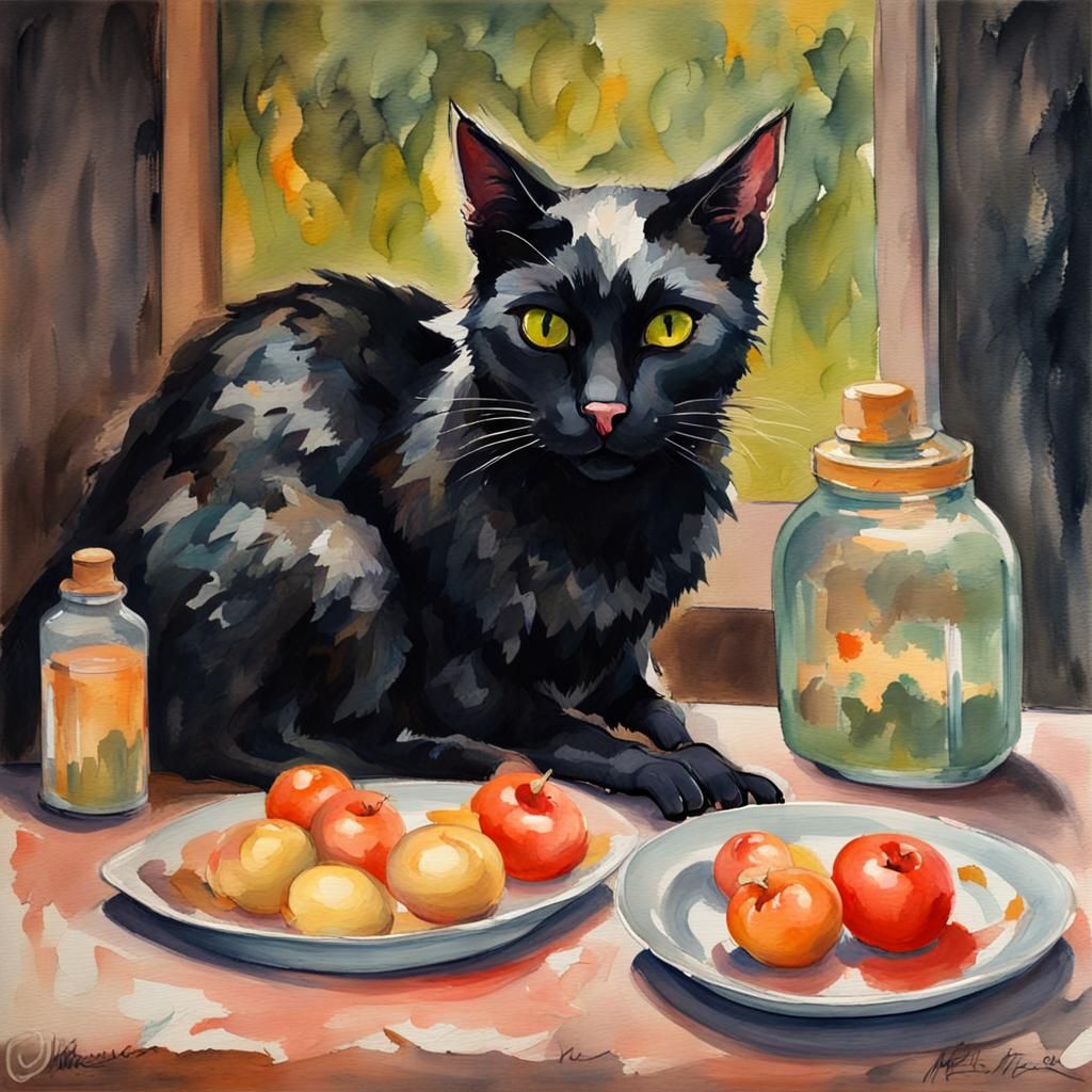 Black Cat Family: Gouache Impressionist Masterpiece