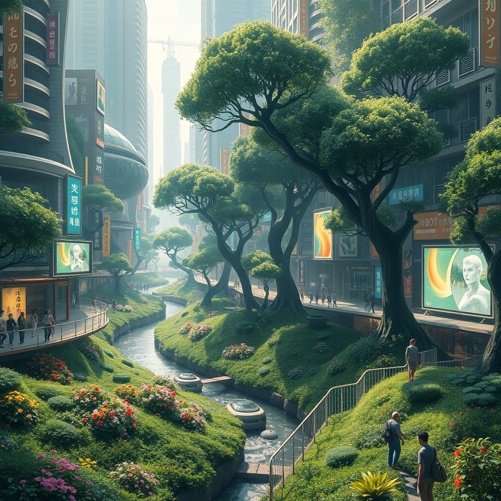 Harmonious Futuristic City Meets Nature in Cyberpunk Style