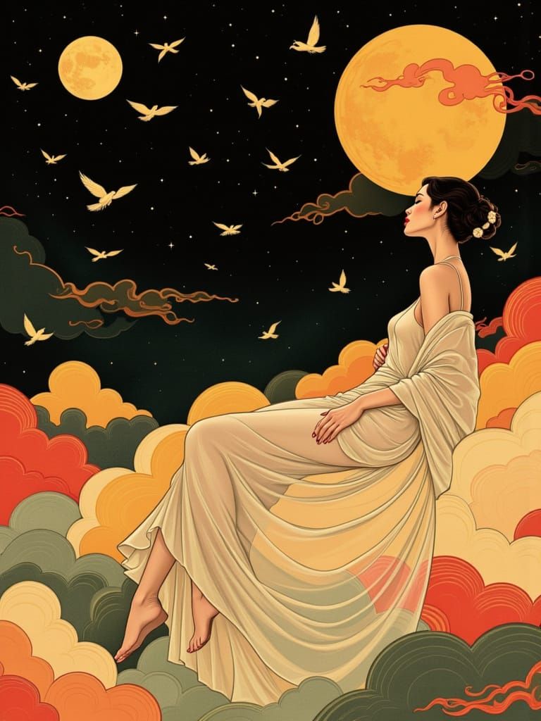 Ethereal Art Deco Goddess on Celestial Clouds
