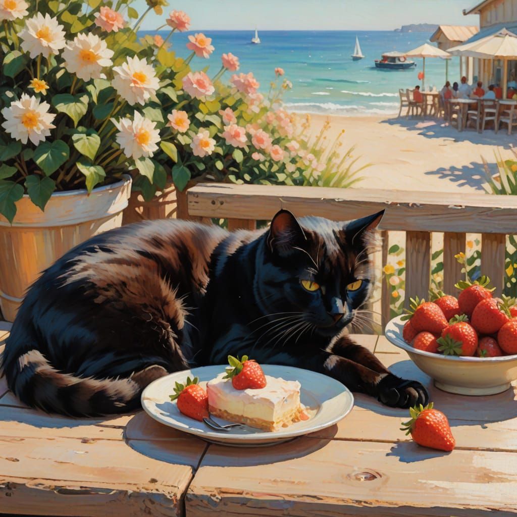 Black Cat Basks in Warm Sunshine on a Rustic Beachside Cafe