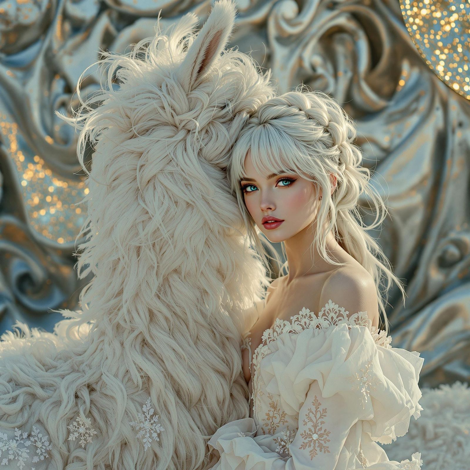 Ethereal Woman in Ivory Gown with Alpaca in Dreamlike Landsc...