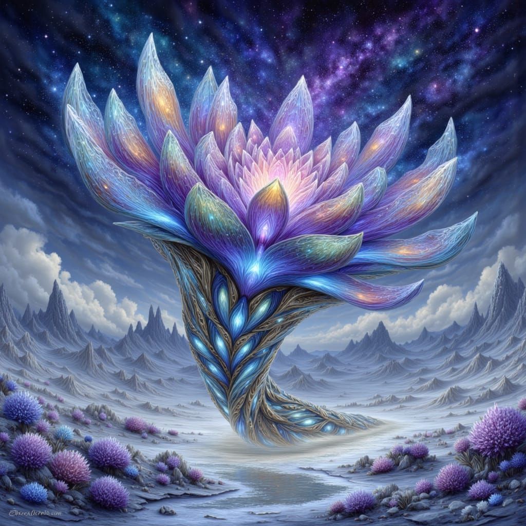 Colossal Alien Blossom in Frozen Desert Landscape