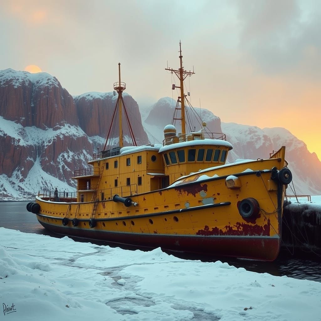 A Weathered Yellow Tugboat in a Snow-Covered Harbor with Red...
