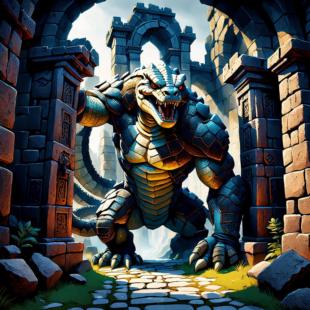 Giant Stonesnake Golem Guards Ancient Dungeon Gates in Hyper...