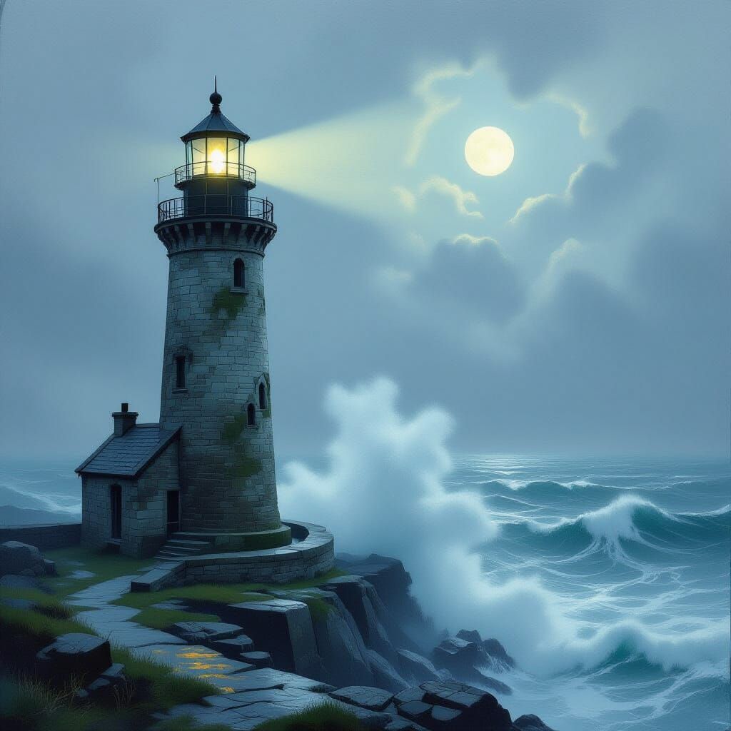 Ancient Lighthouse Beams Through Stormy Sea in Turner Style
