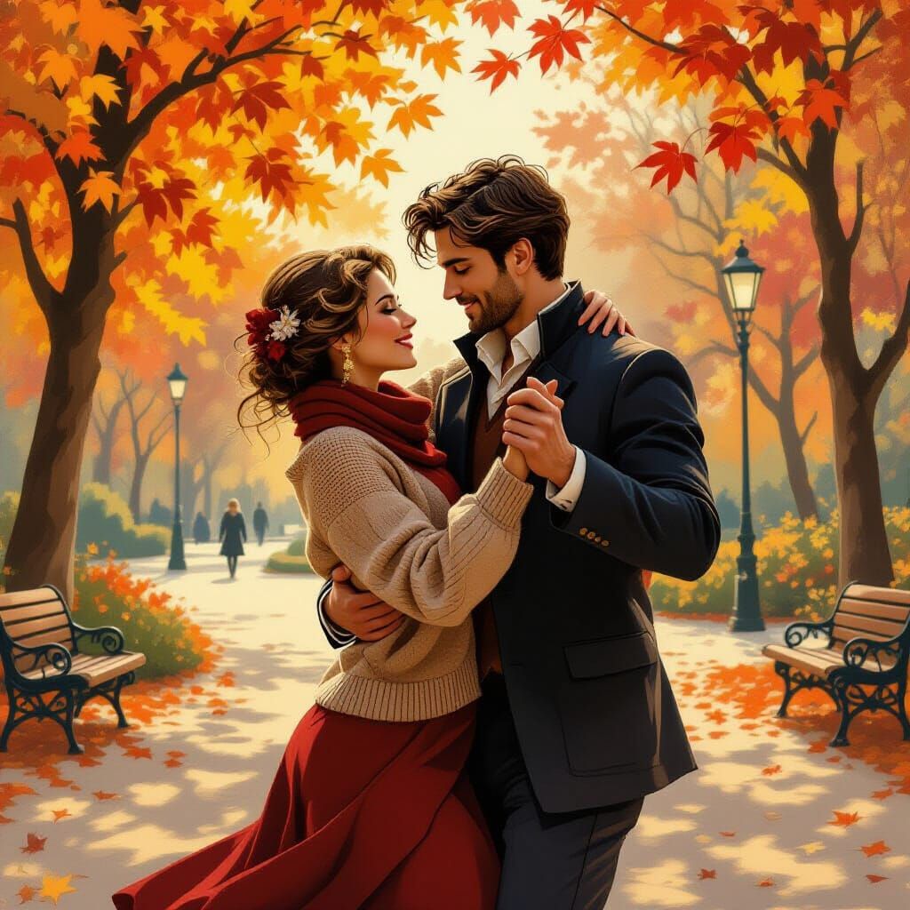 Tango Dance in Autumn Park, Art Nouveau Style