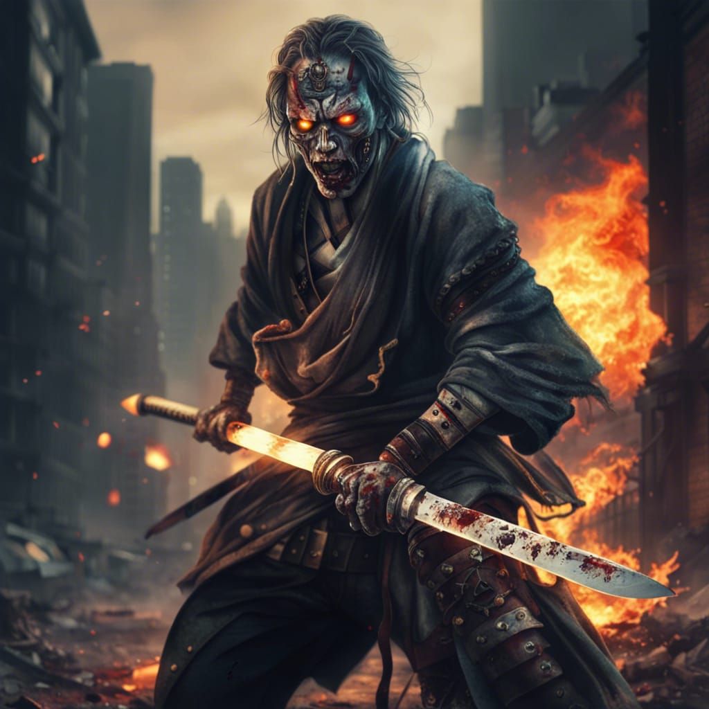 Photorealistic Zombie Samurai in Burning City