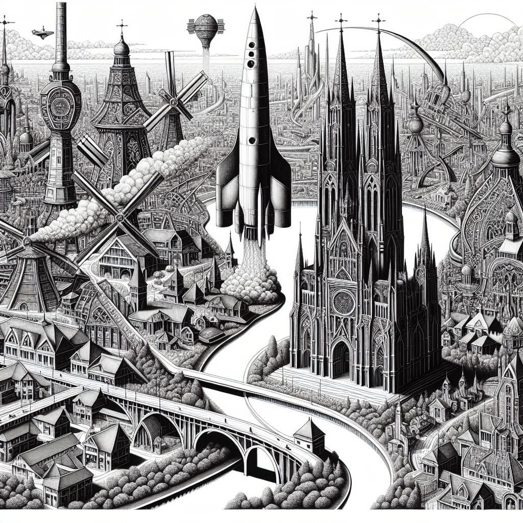 Intricate Ink Drawing of a Fantastical Cityscape