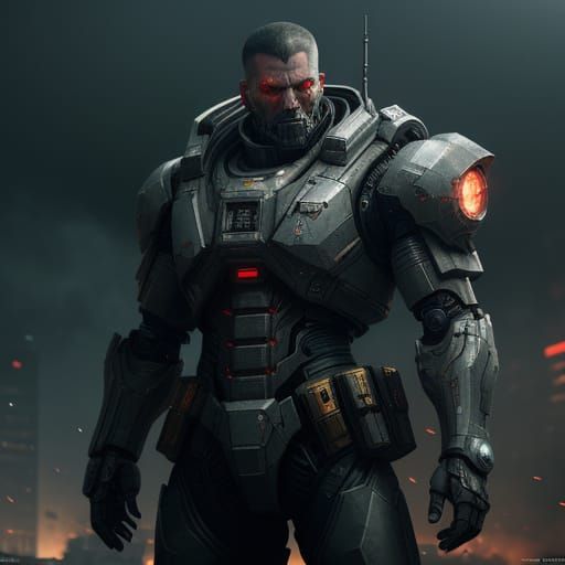 Cyberpunk Warrior in Combat Armor, Apocalyptic Backdrop
