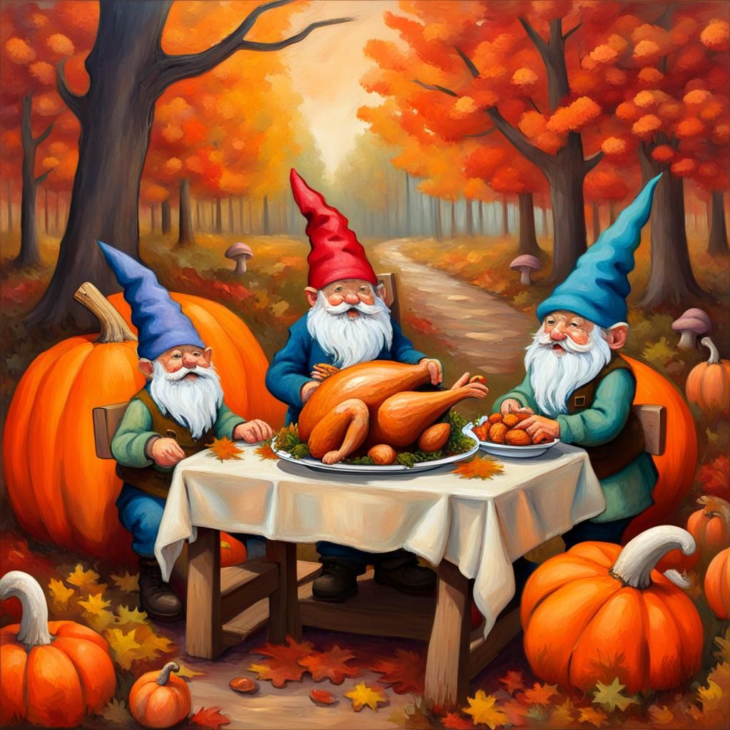 Gnomes Thanksgiving Feast in Neo-Impressionism Style