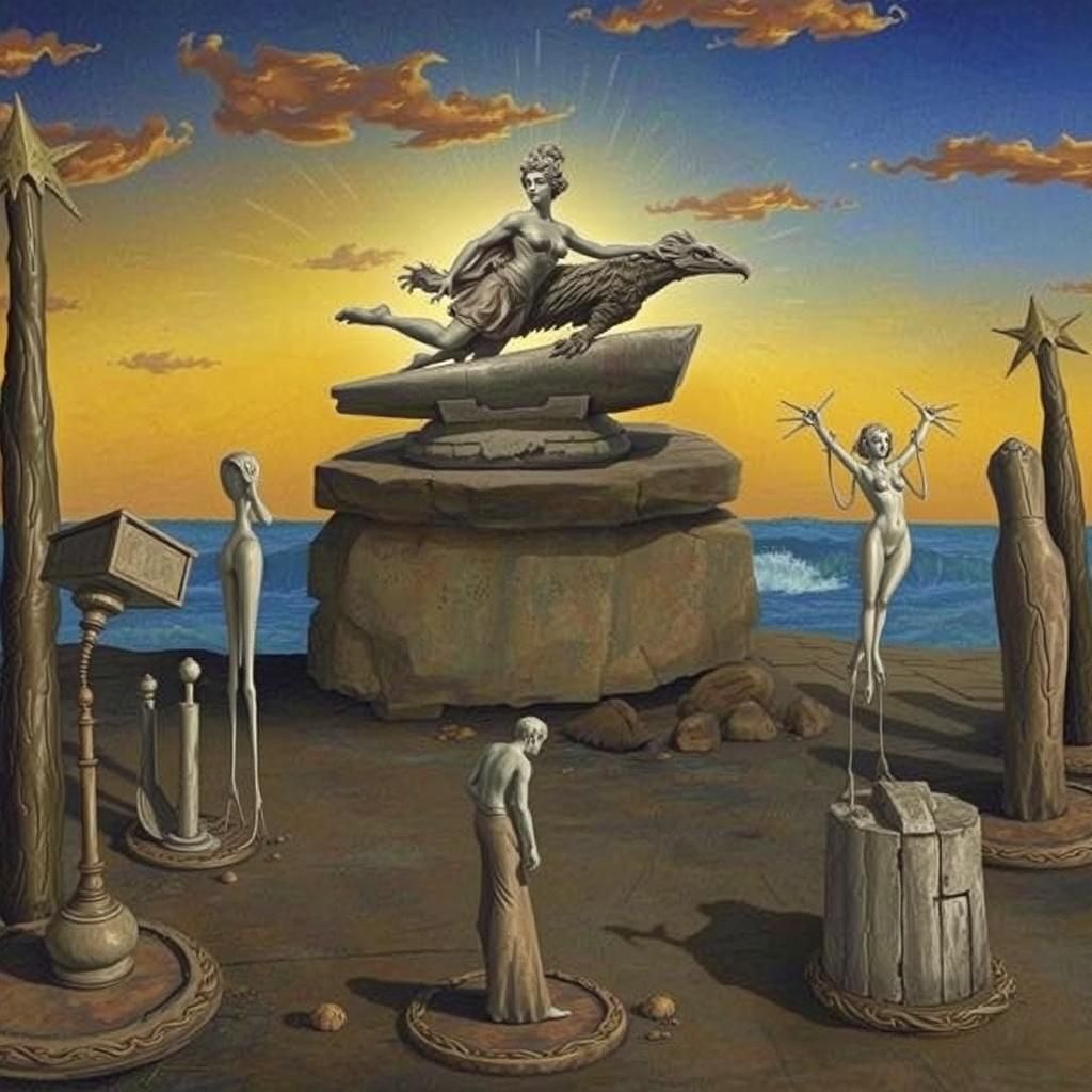 Victorian Statue Overlooking Indigo Sea, in Dark Surrealism