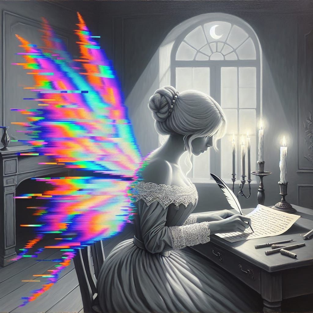 Regal Woman Writes by Candlelight with Glitchy Wings