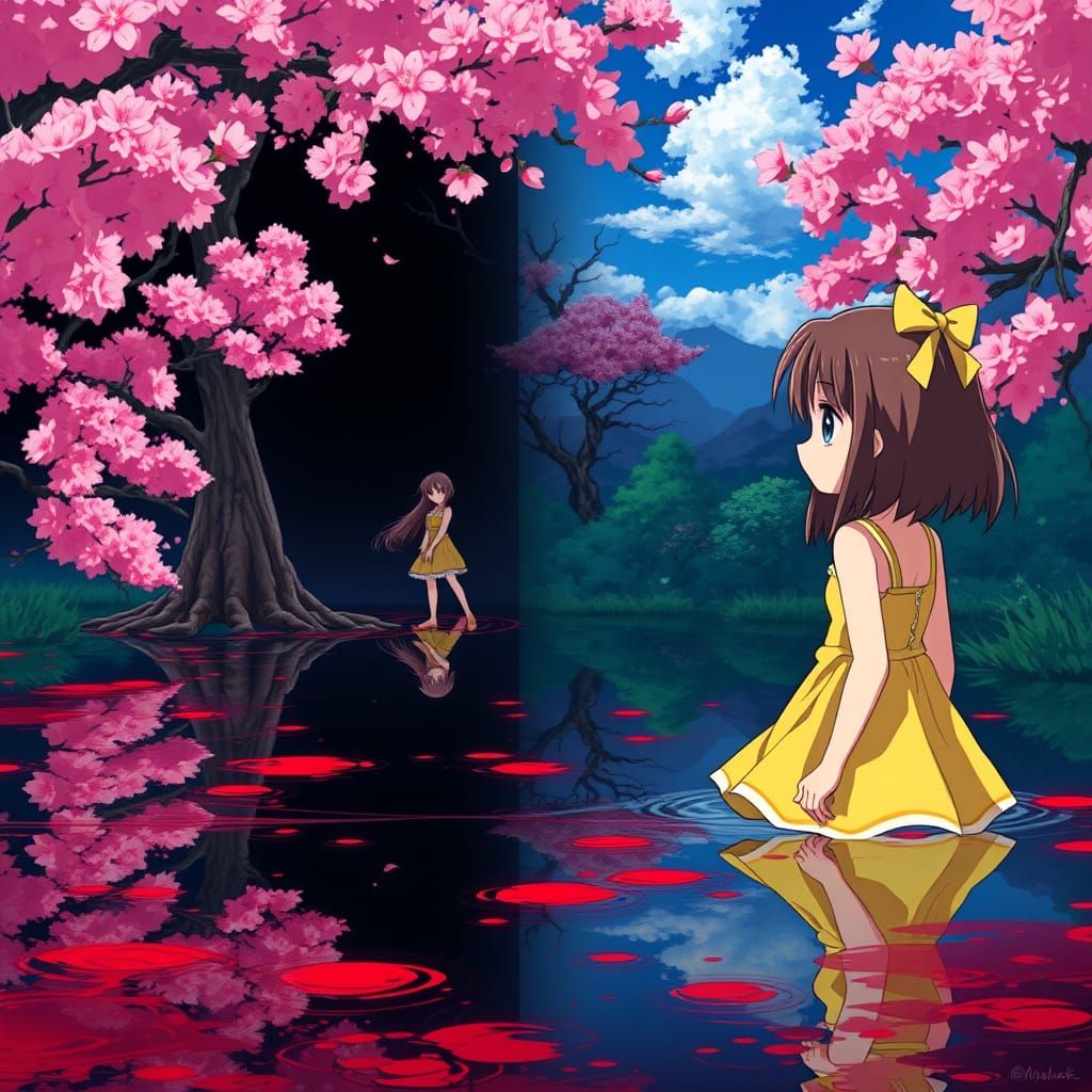 Anime Girl's Dark Reflection in Painterly Style