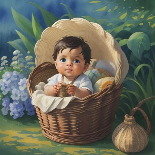 Baby Boy in Wicker Basket: Gouache Watercolor Style