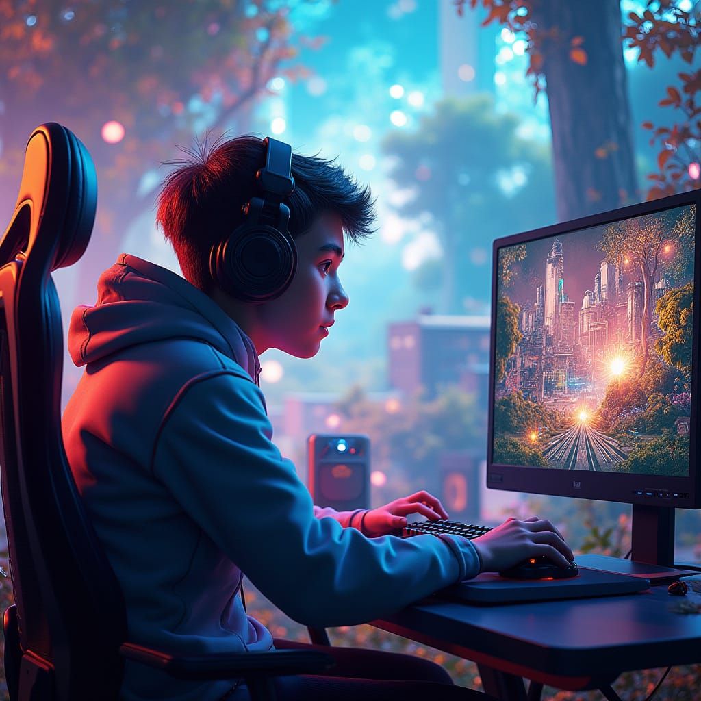 Techno Gamer in 3D Collage of Forest and City