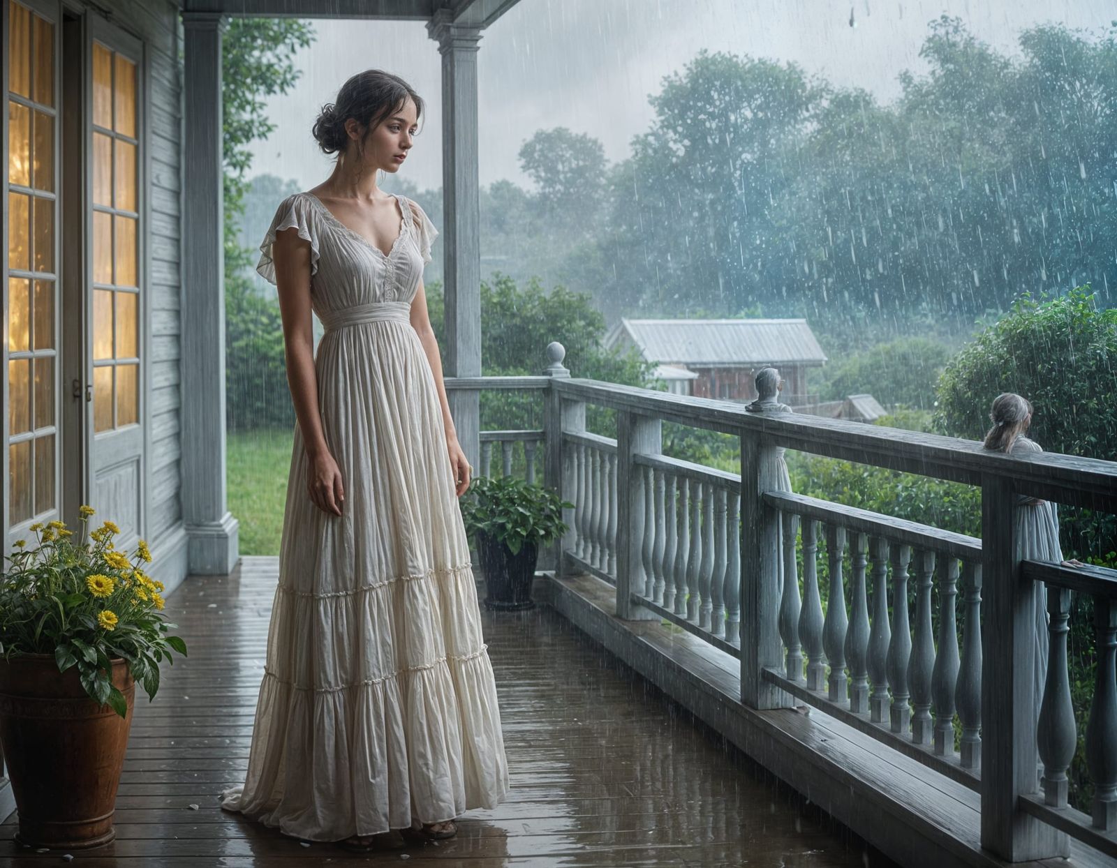 Impressionistic Summer Rain Scene with Woman on Porch
