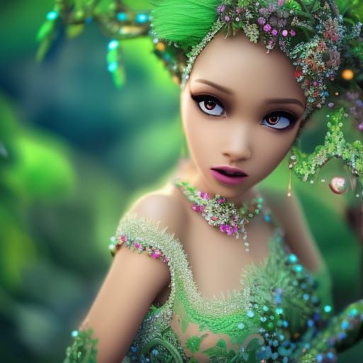 Bejeweled Fairy Princess in Misty Jungle, 3D Art